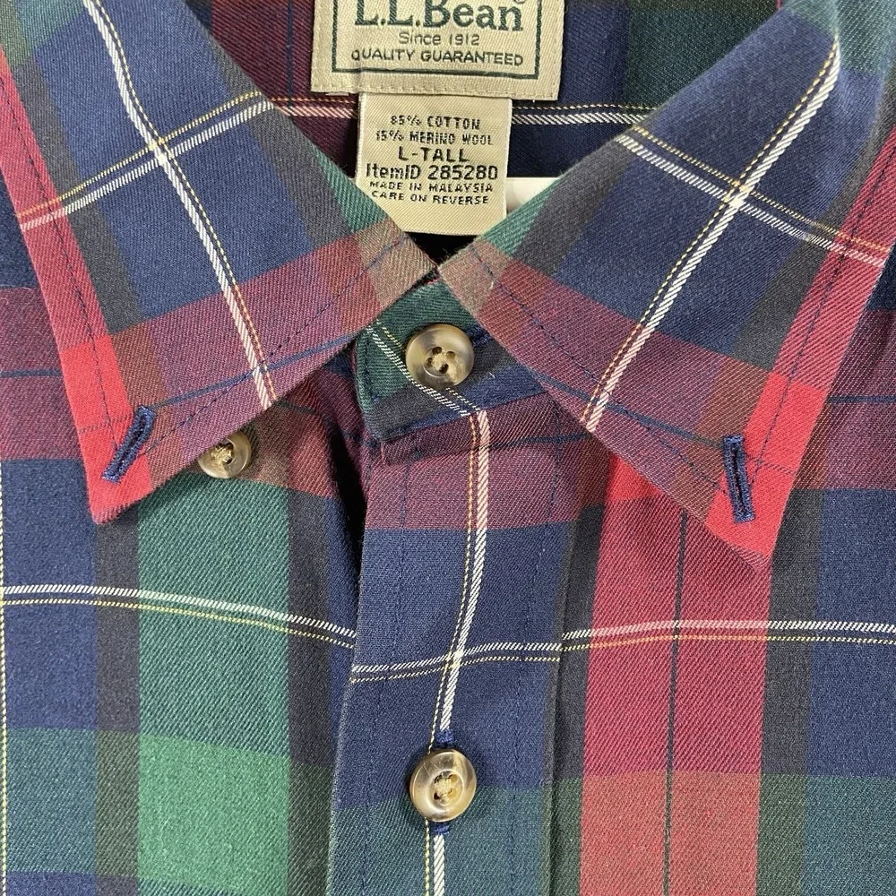 L.L. Bean Shirt Mens Large Tall Button Down Merino Wool Cotton Plaid Long Sleeve